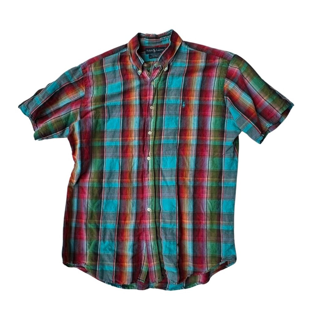 Red blue green plaid Ralph Lauren casual button down shirt large